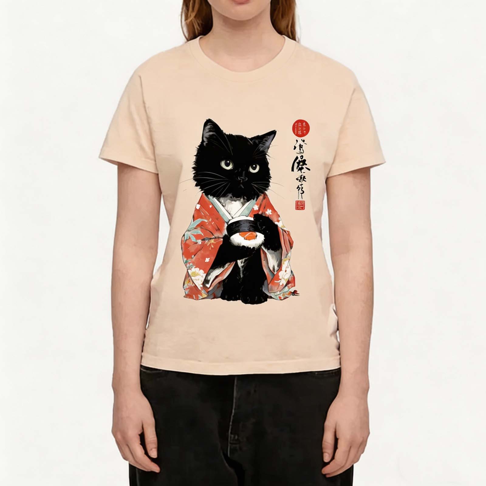 Japanese Kimono Sushi Black Cat Ukiyo-e Style Crew Neck T-Shirt