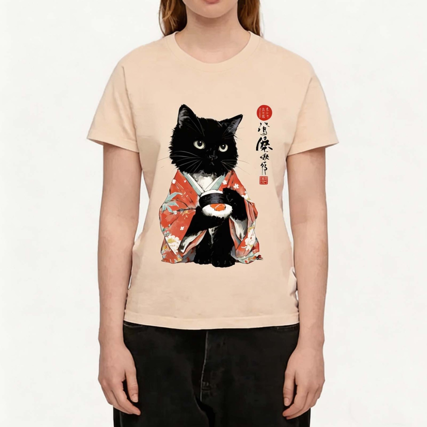 Japanese Kimono Sushi Black Cat Ukiyo-e Style Crew Neck T-Shirt