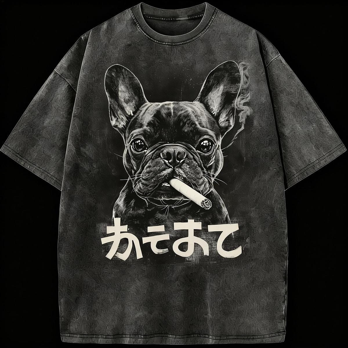 French Bulldog Smoking Japanese Retro Washed Loose Short Sleeve T-Shirt