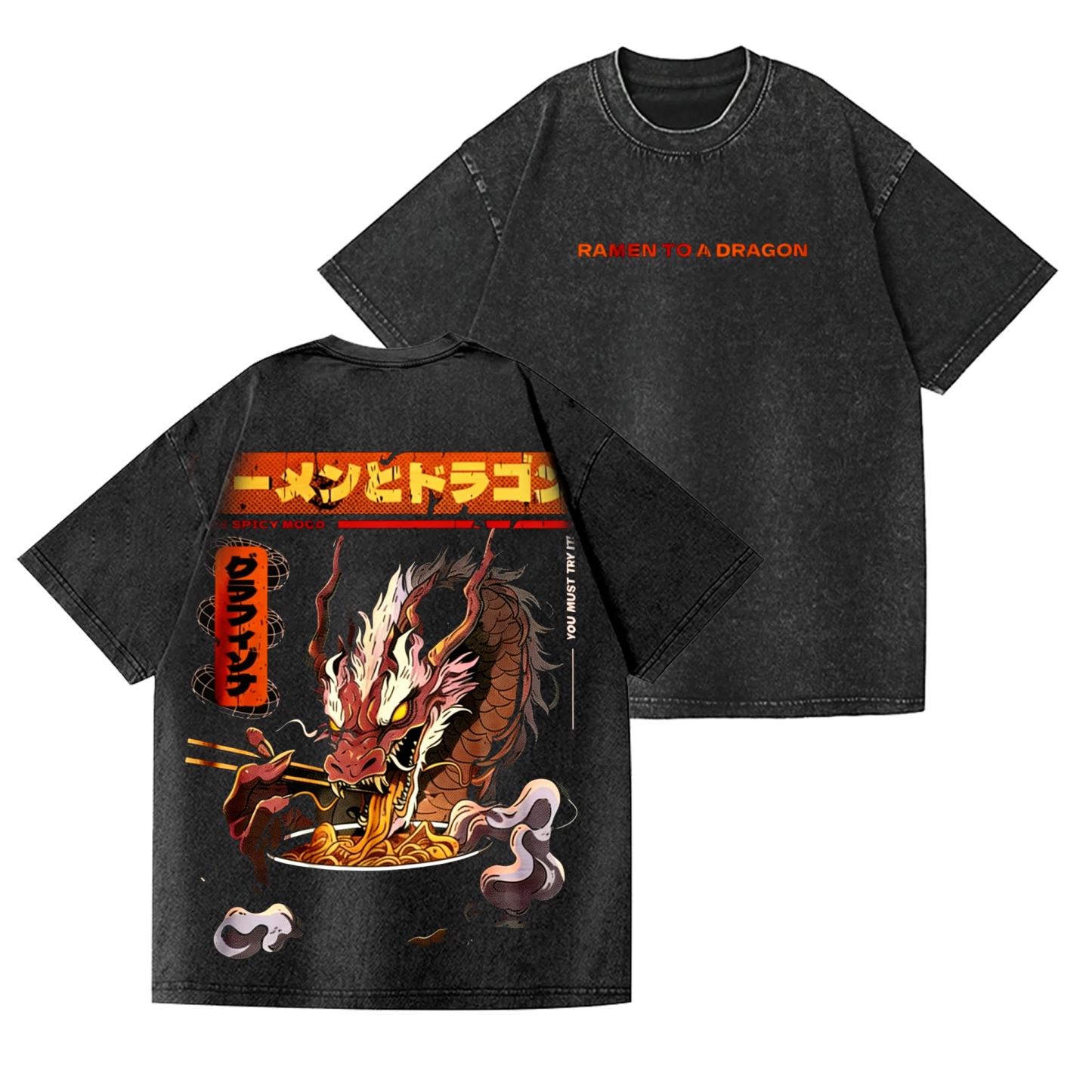 Ramen Dragon Japanese Street Style Double-Sided Printed Washed T-Shirt