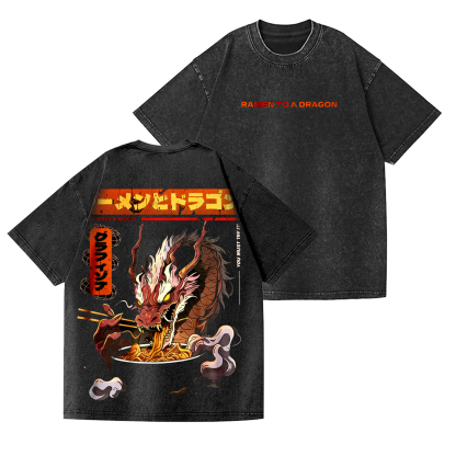 Ramen Dragon Japanese Street Style Double-Sided Printed Washed T-Shirt