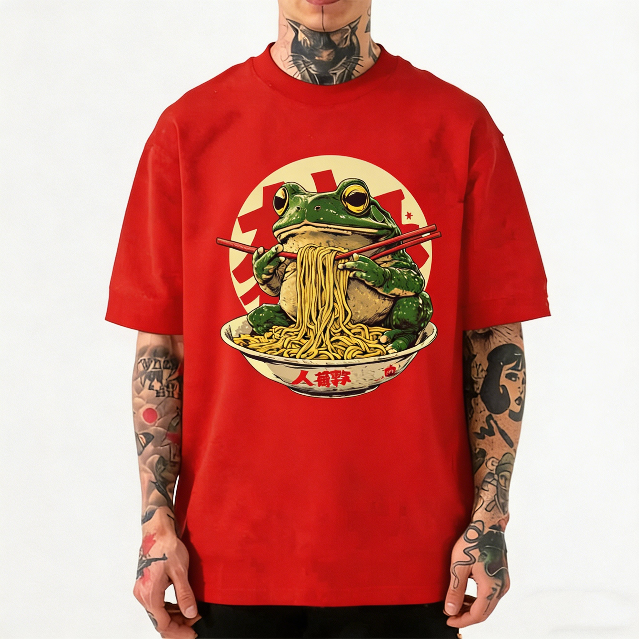 Frog Eating Ramen Japanese Funny Vintage Washed Crew Neck T-Shirt