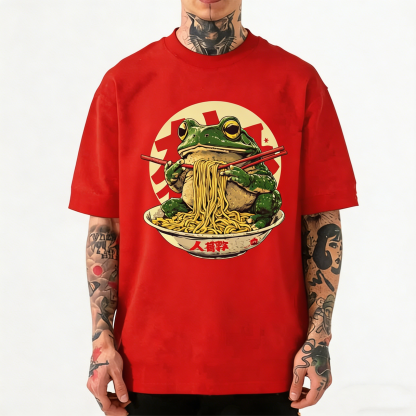 Frog Eating Ramen Japanese Funny Vintage Washed Crew Neck T-Shirt