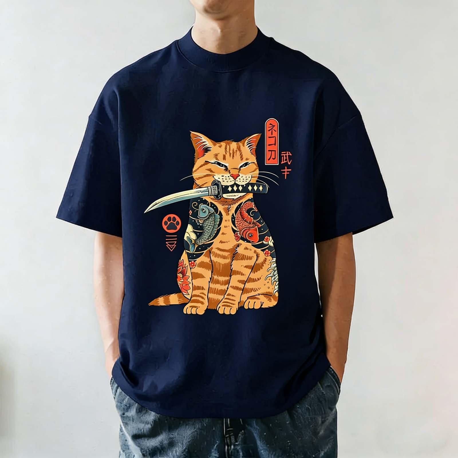 Tattoo Samurai Orange Cat Japanese Ukiyo-e Crew Neck T-Shirt