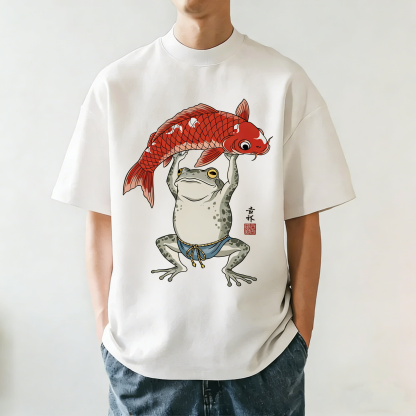 Frog Holding Koi Japanese Ukiyo-e Crew Neck T-Shirt