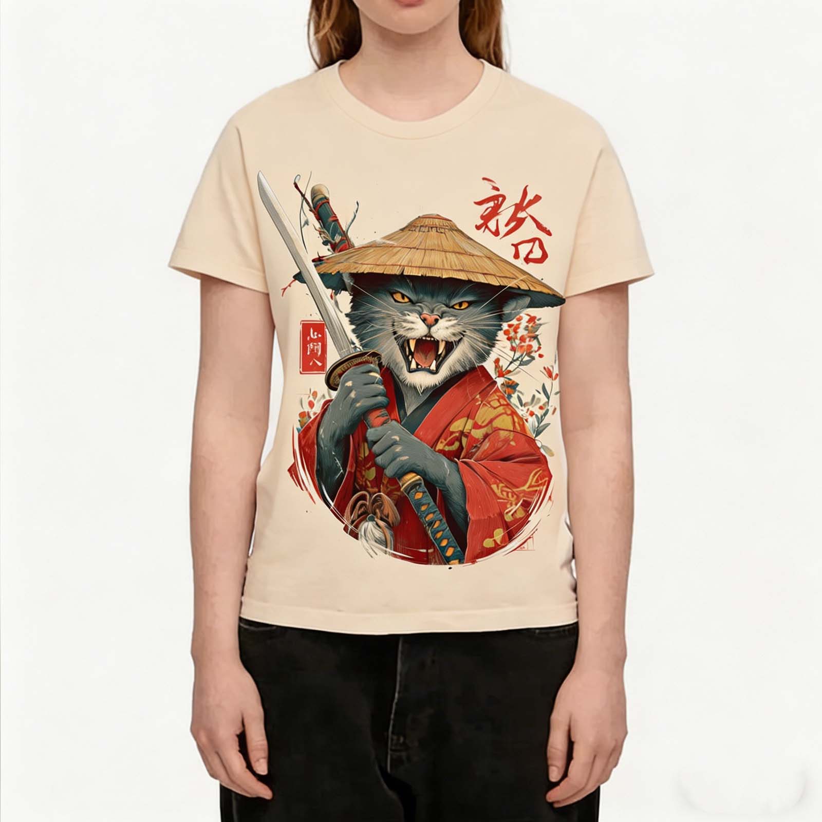 Samurai Black Cat Straw Hat Japanese Ukiyo-e Crew Neck T-Shirt