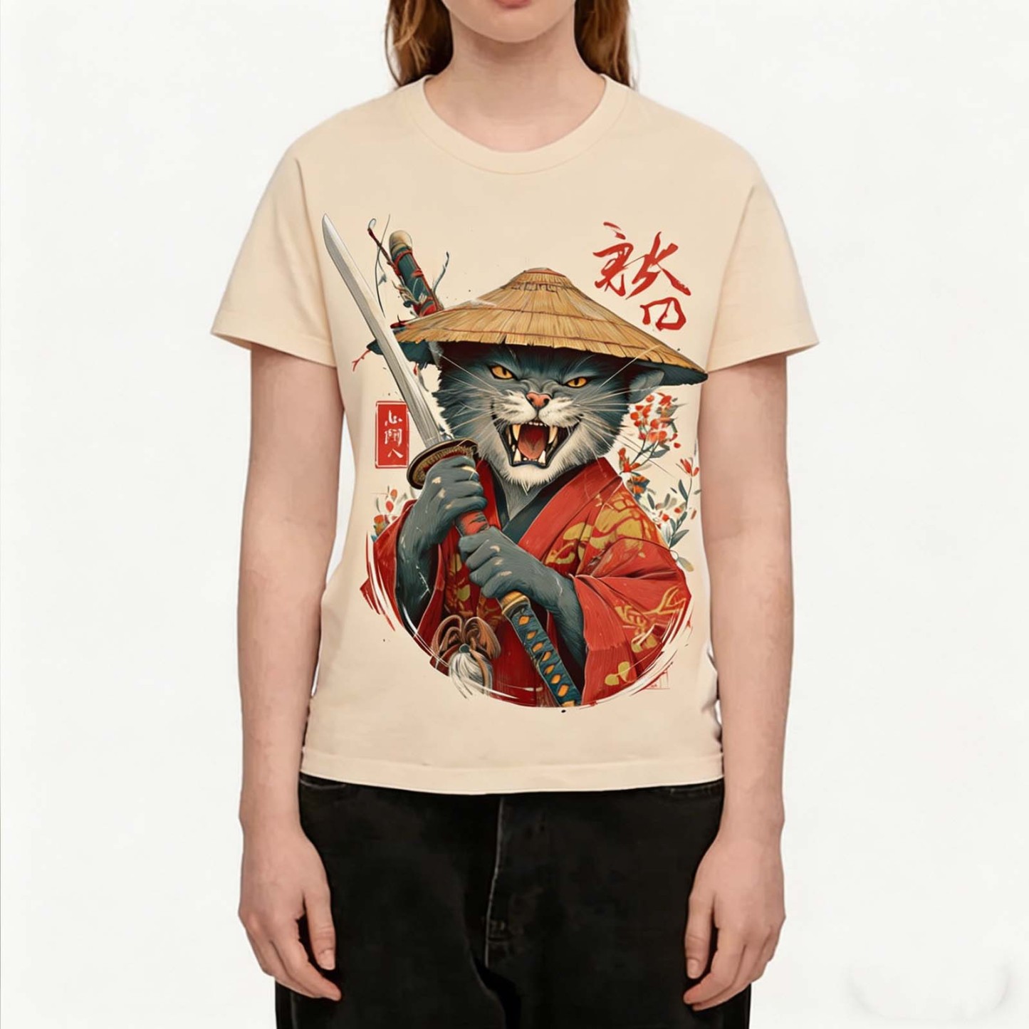 Samurai Black Cat Straw Hat Japanese Ukiyo-e Crew Neck T-Shirt