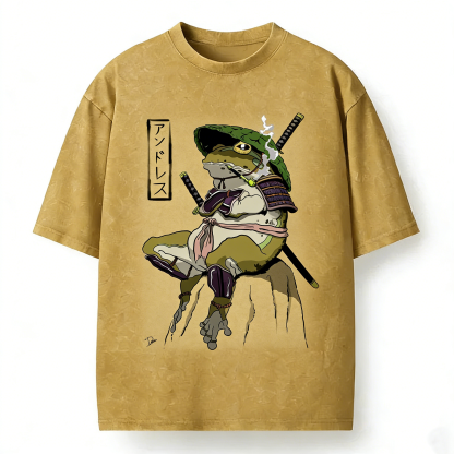 Samurai Frog  Japanese Vintage Washed Loose T-Shirt