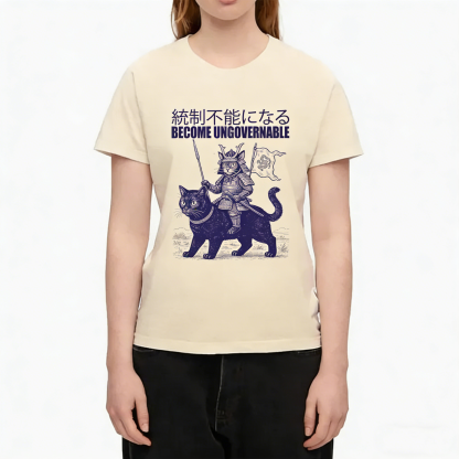 Samurai Cat Riding Black Cat  BECOME UNGOVERNABLE Japanese T-Shirt