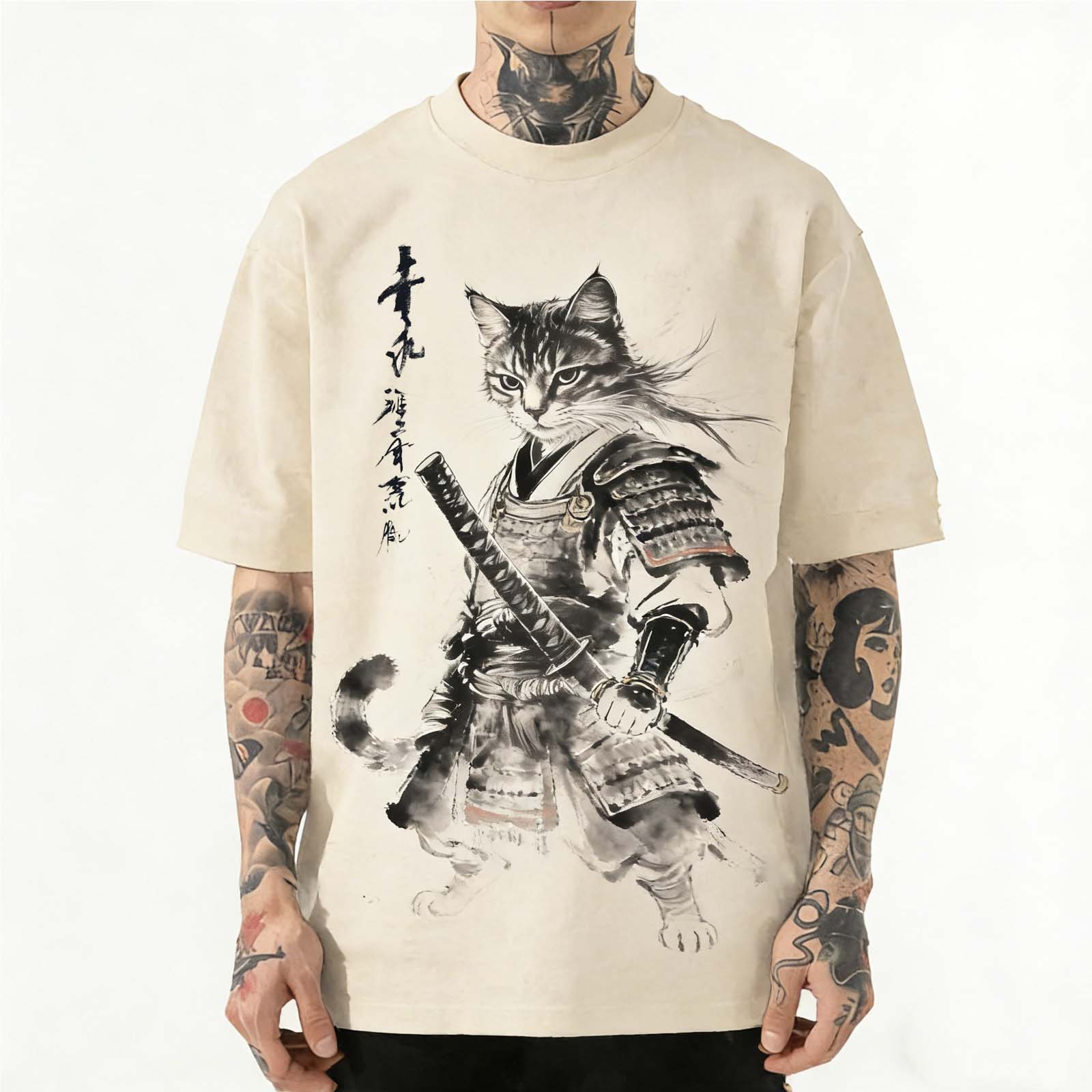 Ink Wash Samurai Cat Japanese Ukiyo-e Vintage Washed T-Shirt