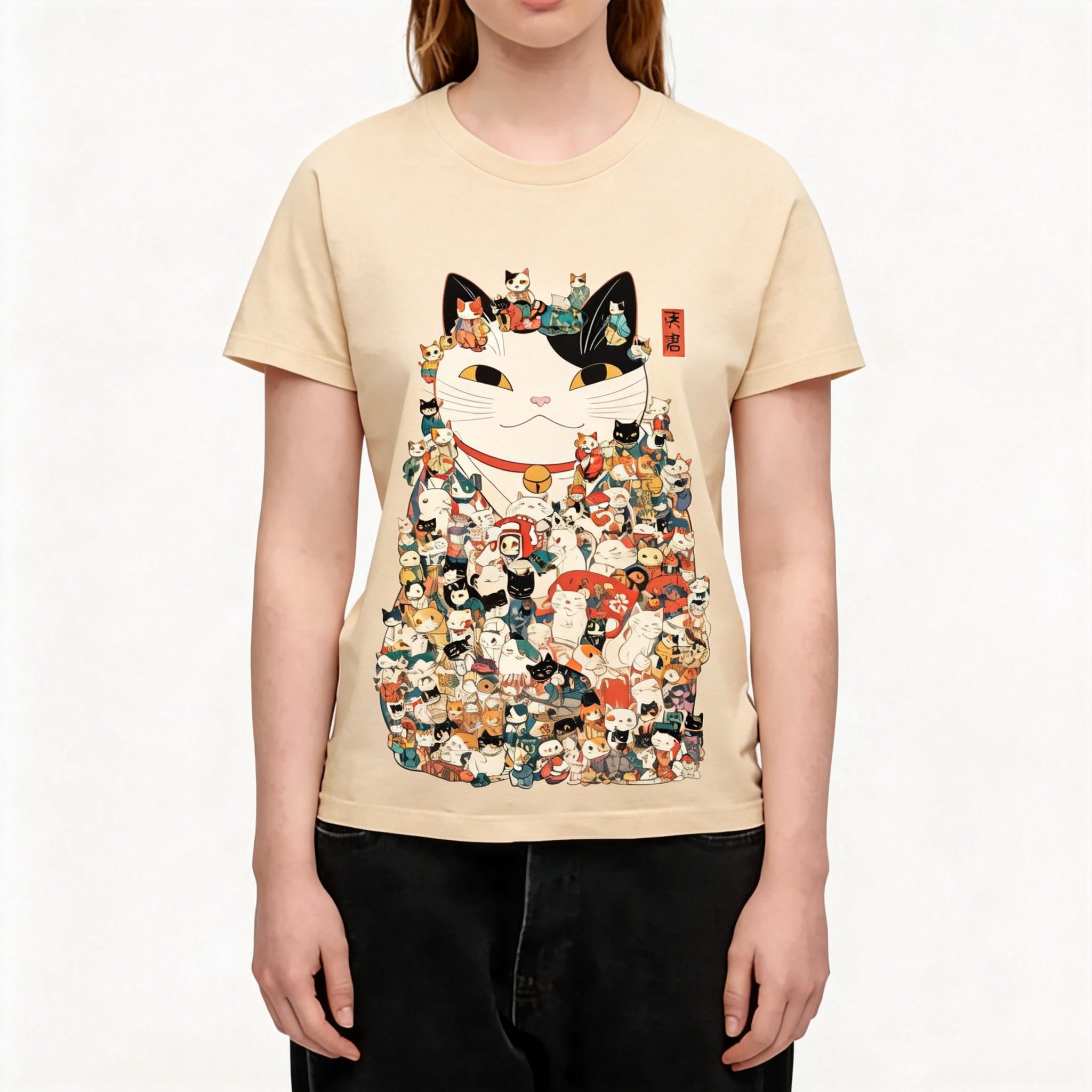 Cats Collage Lucky Cat Japanese Ukiyo-e Crew Neck T-Shirt