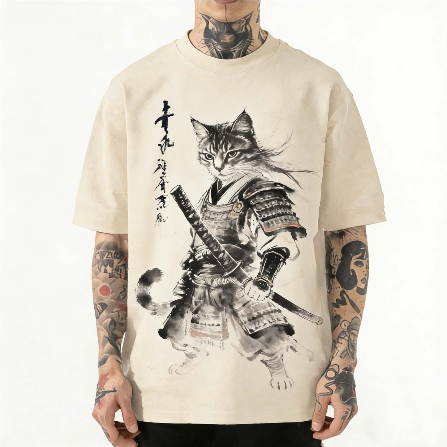 Ink Wash Samurai Cat Japanese Ukiyo-e Vintage Washed T-Shirt