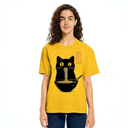 Japanese Ramen Black Cat Vintage Washed Crew Neck Short Sleeve T-Shirt