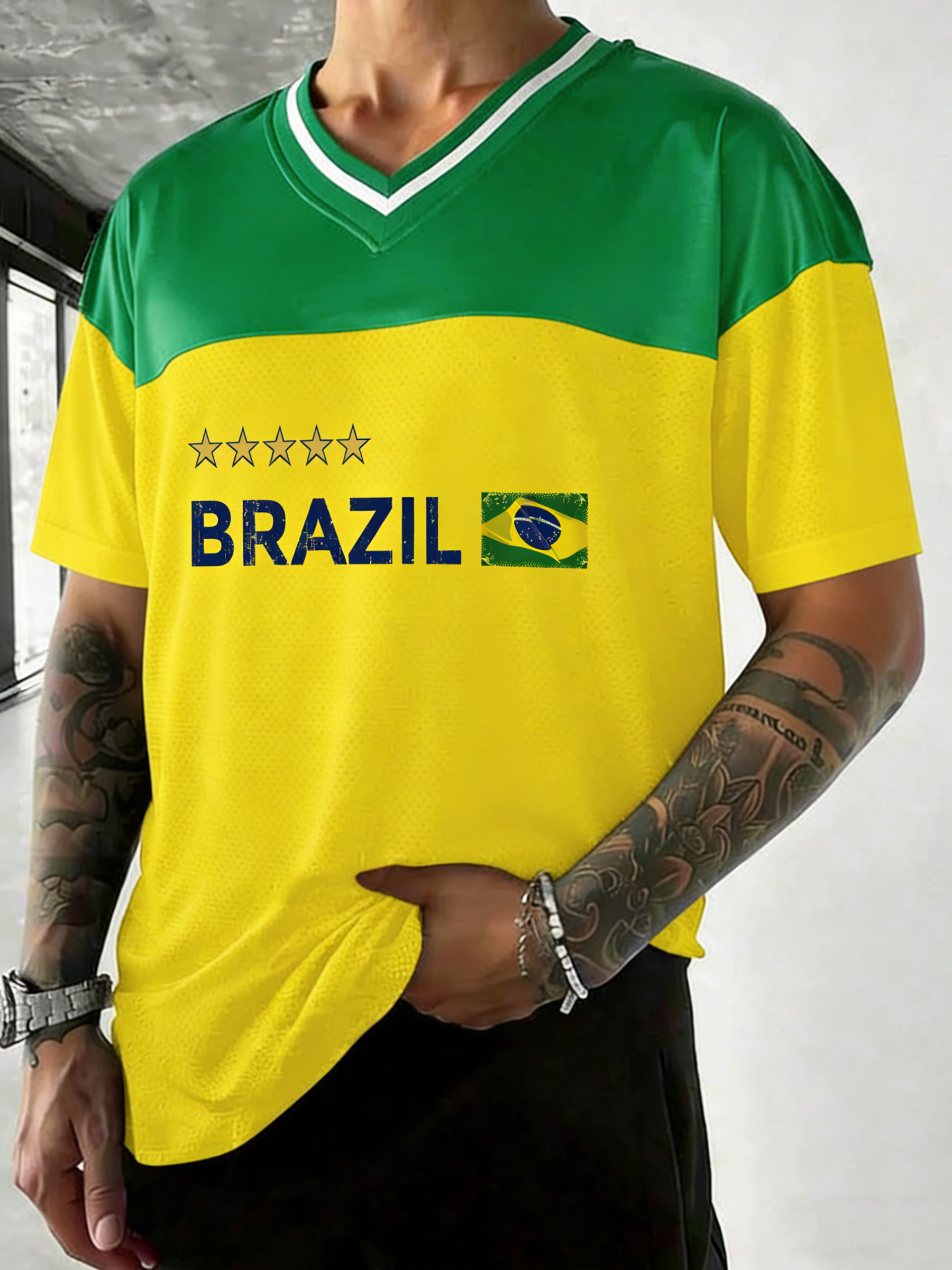 Brazil Five-Star Flag Themed Print Casual Tee