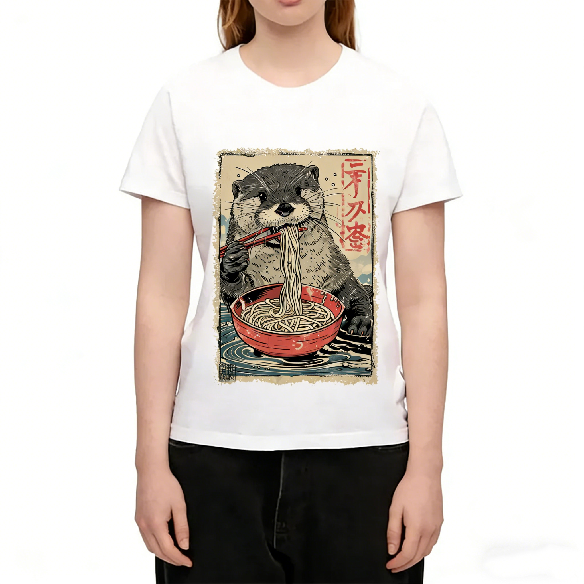 Otter Eating Ramen Japanese Vintage Washed Crew Neck T-Shirt