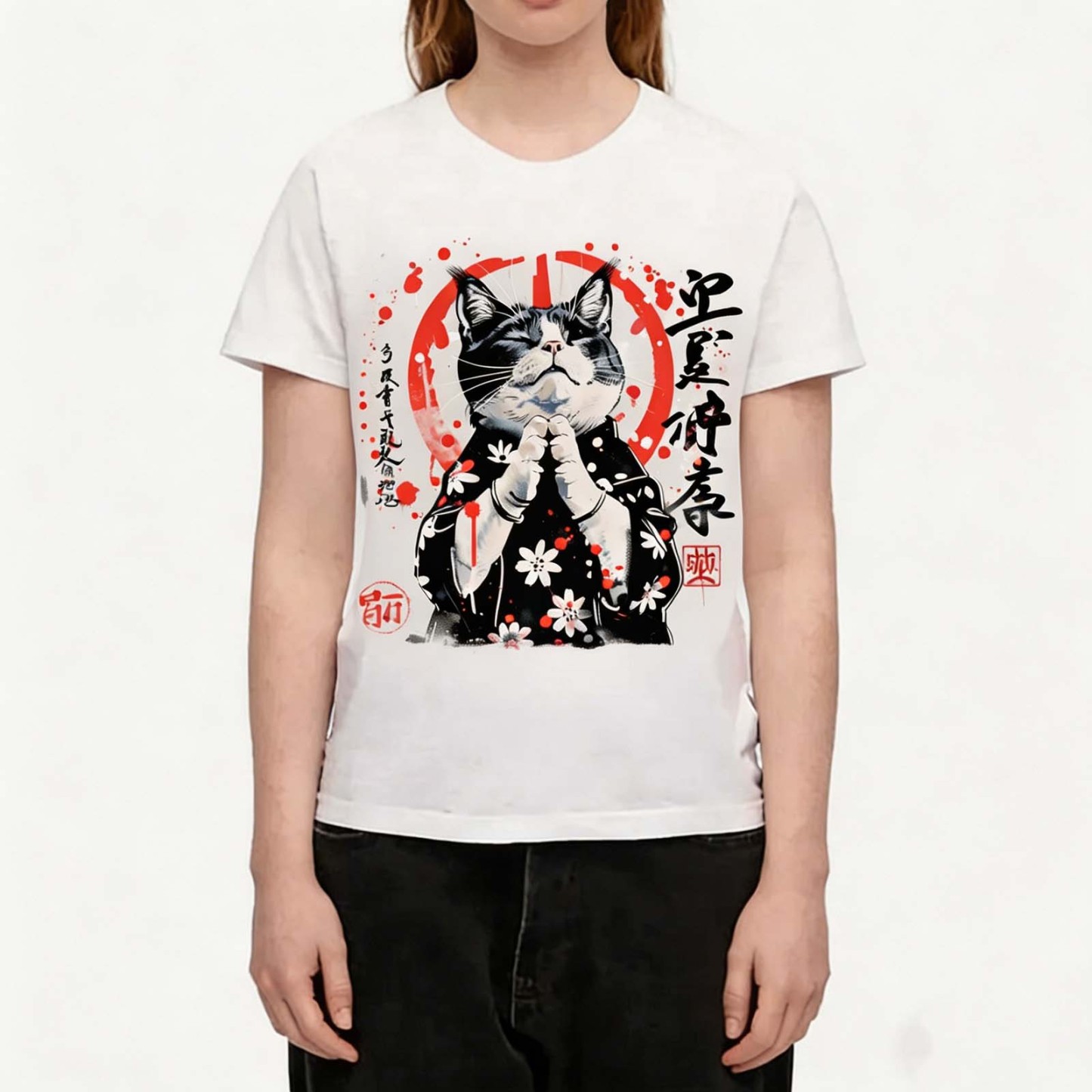 Praying Cat Japanese Style Sakura Crew Neck T-Shirt