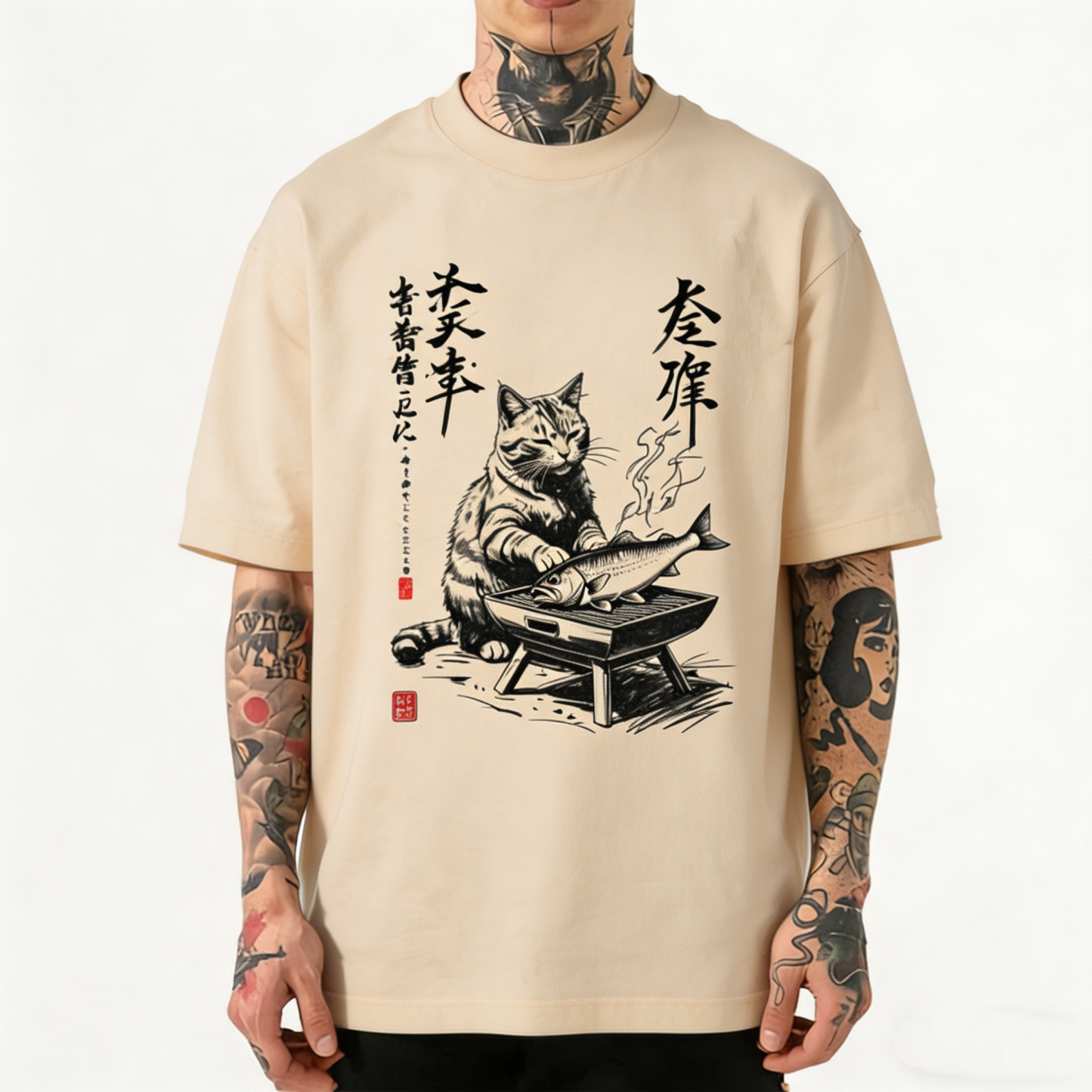 Cat Grilling Fish  Japanese Ink Wash Vintage Washed T-Shirt