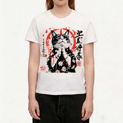 Praying Cat Japanese Style Sakura Crew Neck T-Shirt