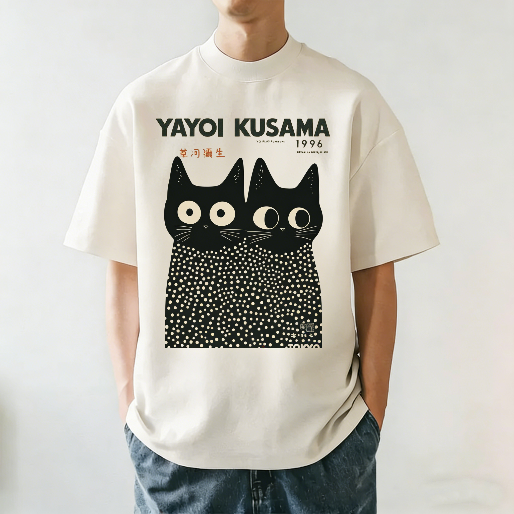 Polka Dot Black Cat Japanese Art Style Crew Neck T-Shirt