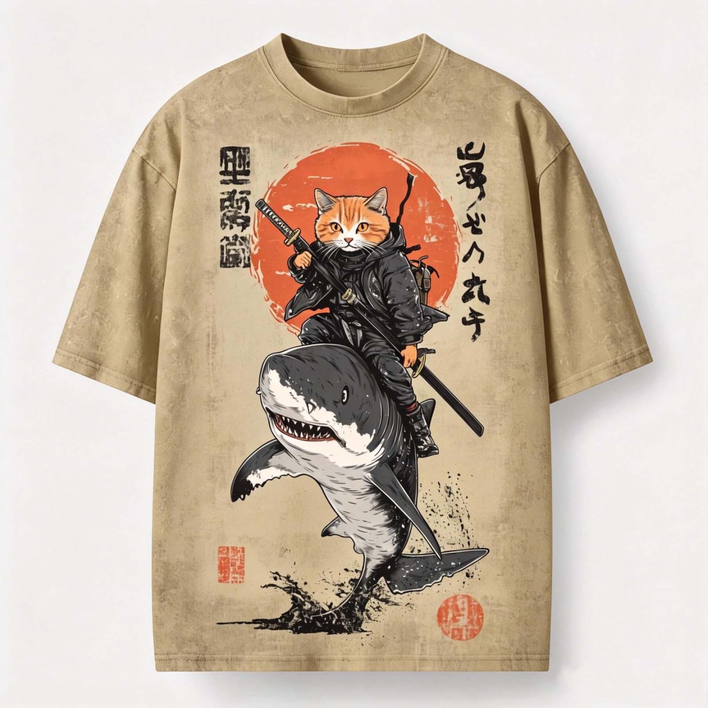 Samurai Orange Cat Riding Shark  Japanese Vintage Washed Loose T-Shirt