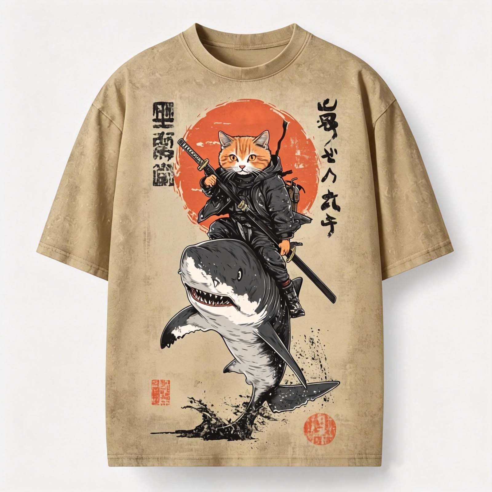 Samurai Orange Cat Riding Shark  Japanese Vintage Washed Loose T-Shirt