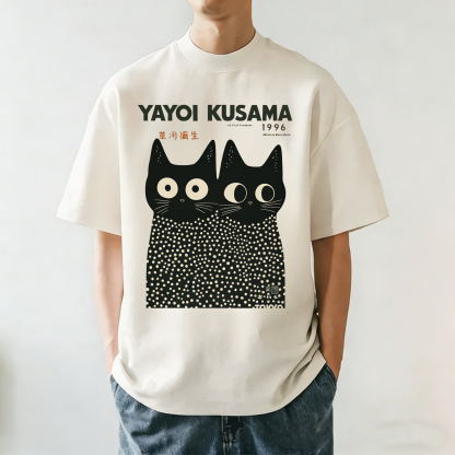 Polka Dot Black Cat Japanese Art Style Crew Neck T-Shirt