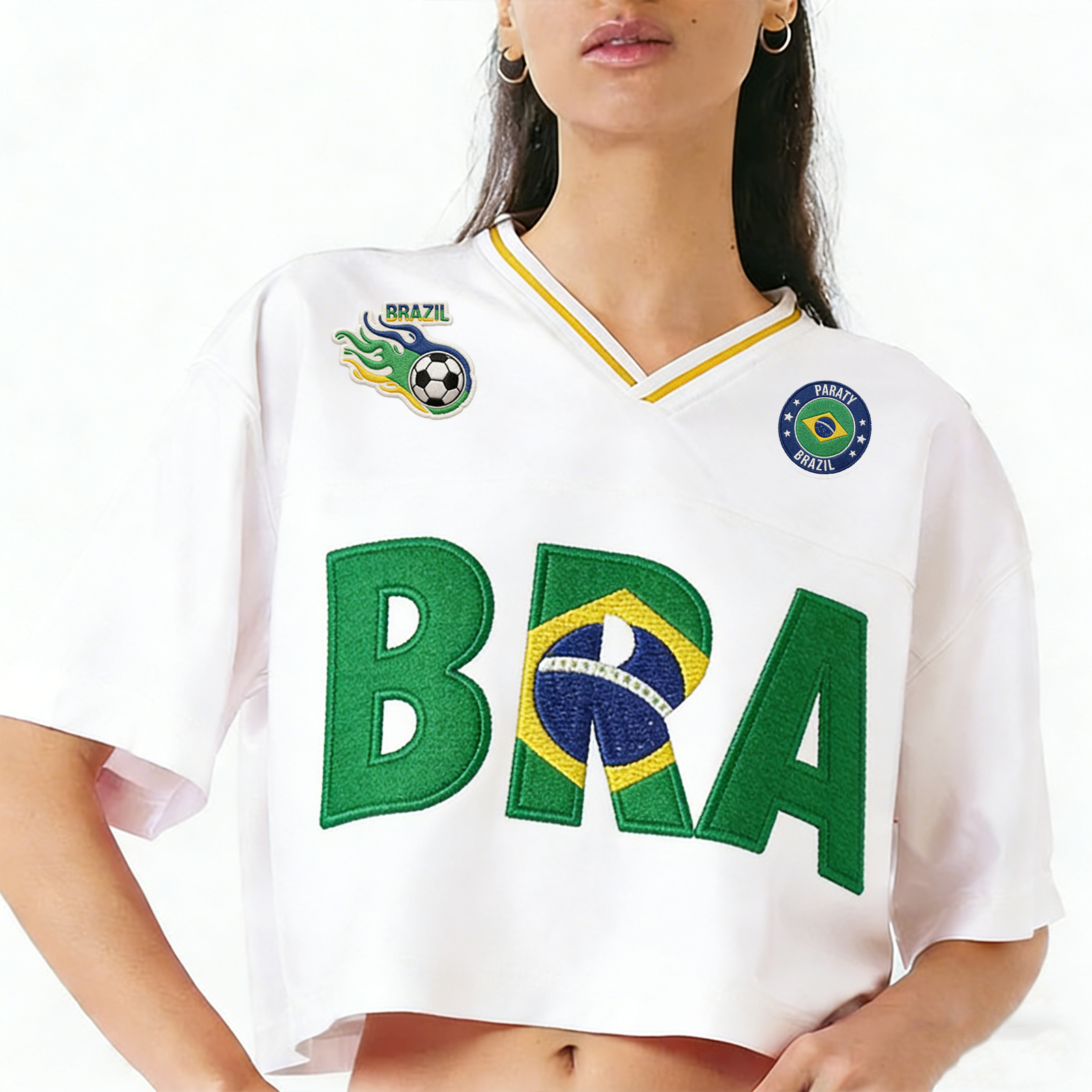 Brazil BRA Letter Embroidered Print Badge Cropped Top