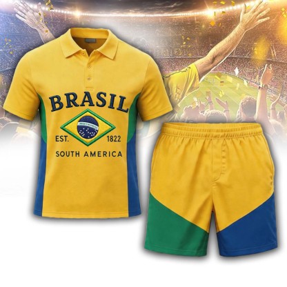 Brazil Flag Emblem Vintage Polo Set