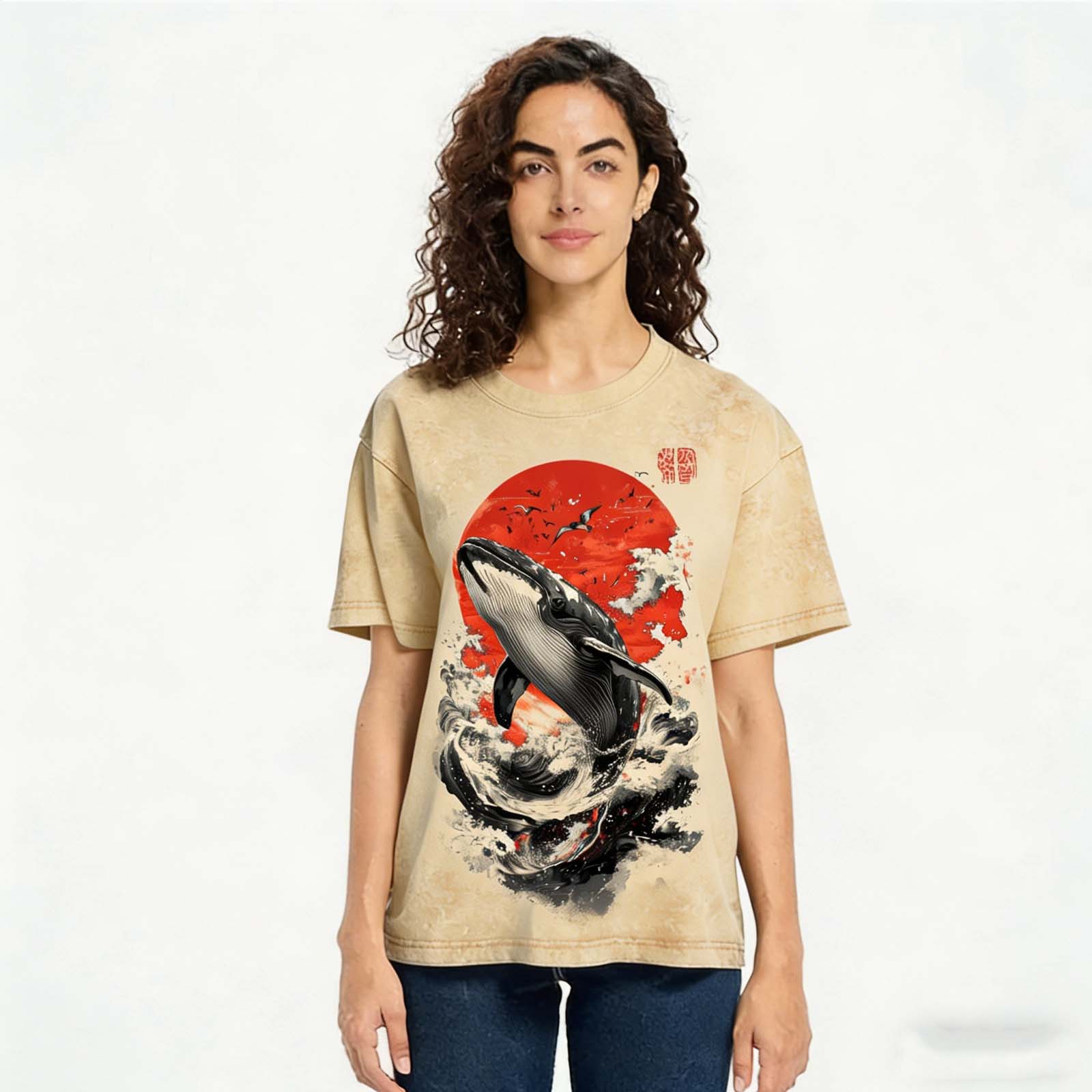 Ukiyo-e Whale Wave Japanese Vintage Washed Crew Neck T-Shirt