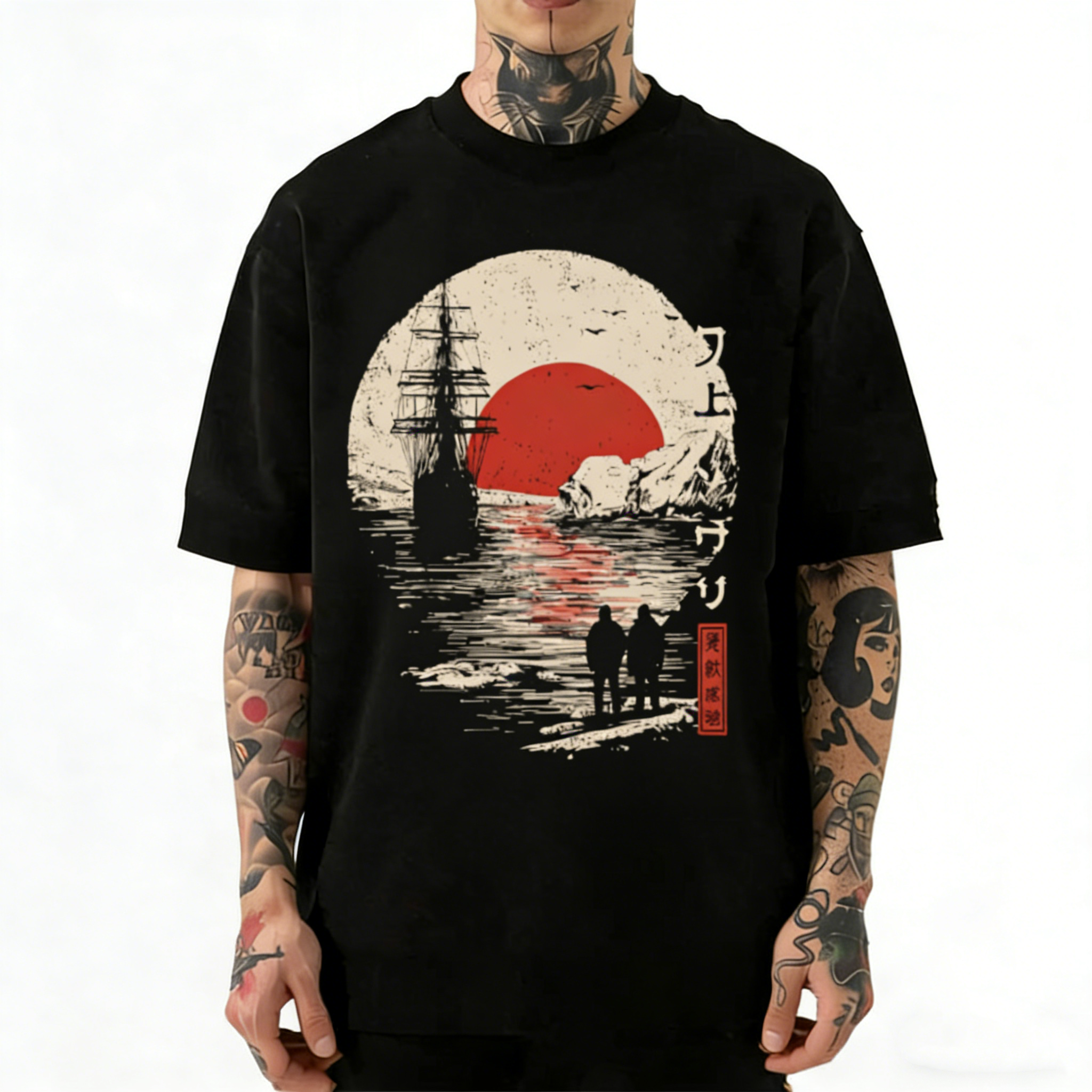 Sunset Sailboat Seascape Japanese Vintage Washed Crew Neck T-Shirt