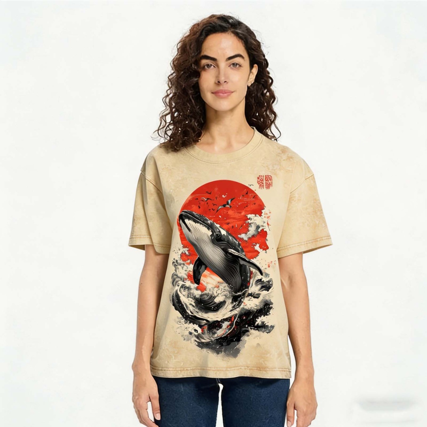Ukiyo-e Whale Wave Japanese Vintage Washed Crew Neck T-Shirt