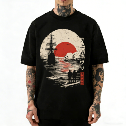 Sunset Sailboat Seascape Japanese Vintage Washed Crew Neck T-Shirt