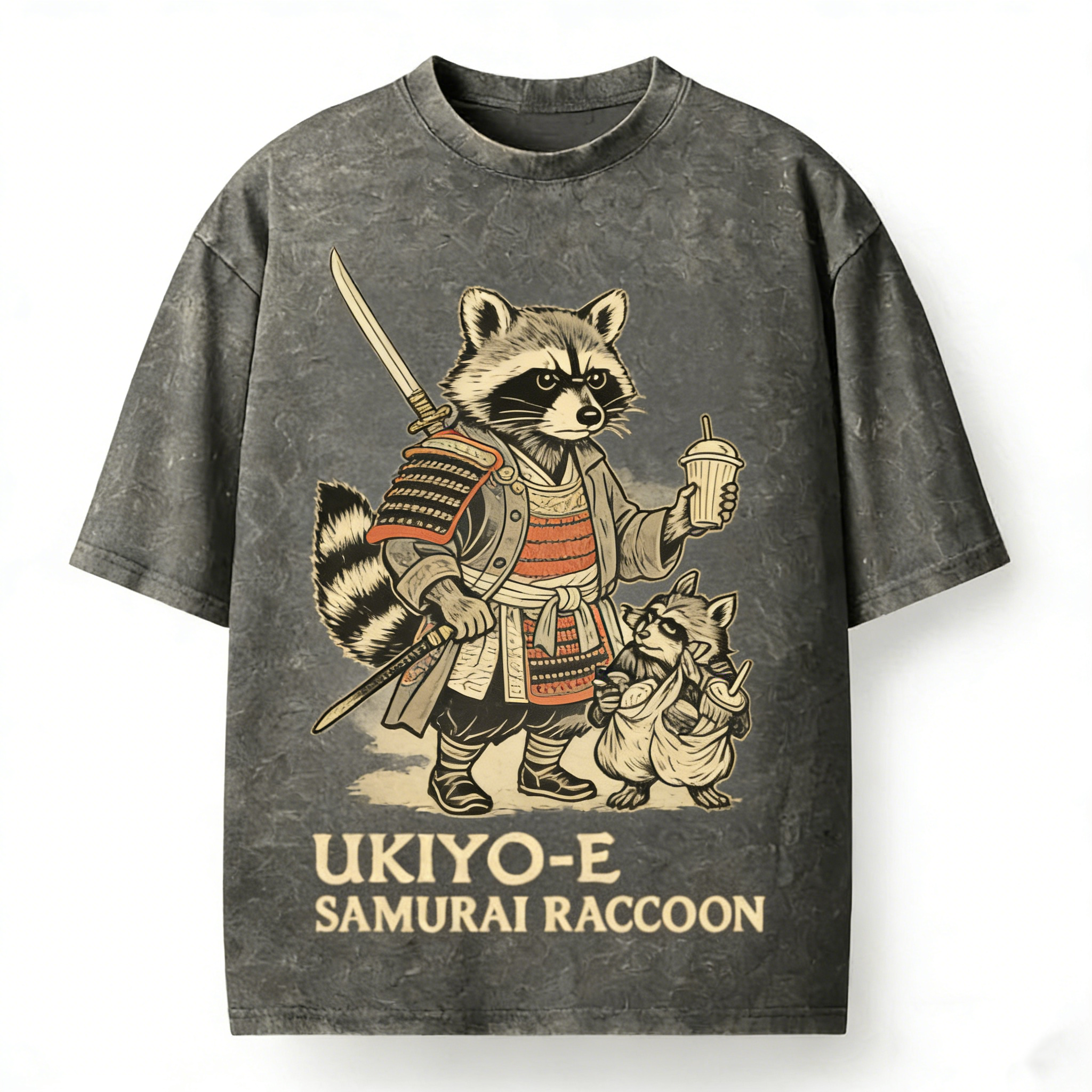 Samurai Raccoon Bubble Tea Japanese Ukiyo-e Washed T-Shirt