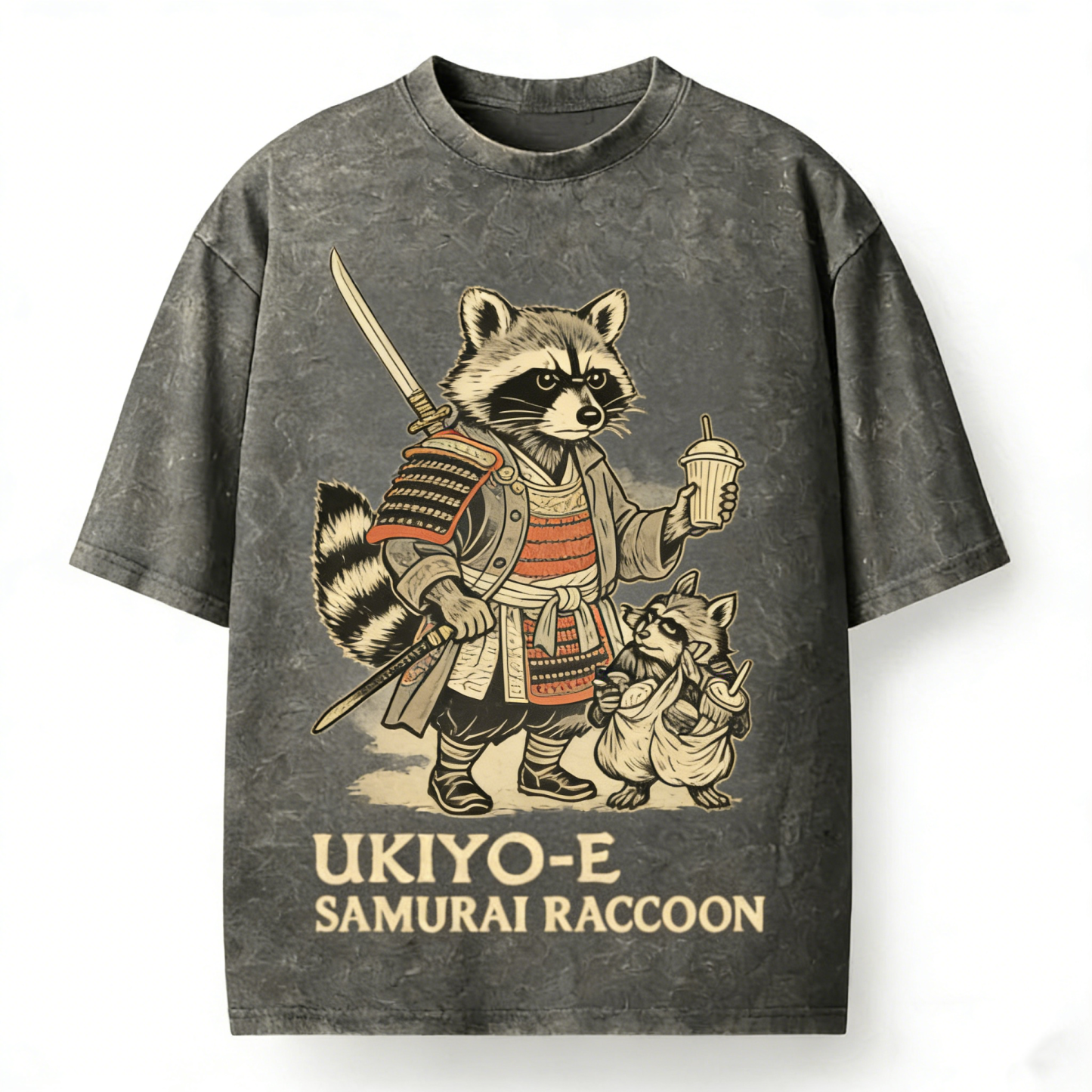 Samurai Raccoon Bubble Tea Japanese Ukiyo-e Washed T-Shirt