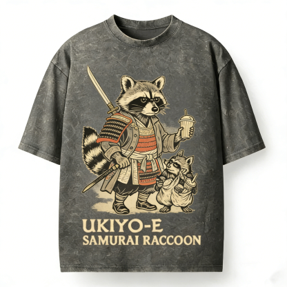 Samurai Raccoon Bubble Tea Japanese Ukiyo-e Washed T-Shirt