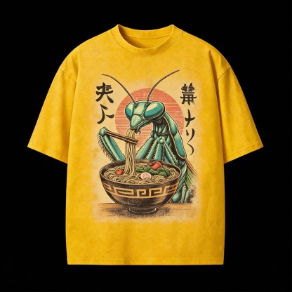 Mantis Eating Ramen Japanese Vintage Funny Washed T-Shirt