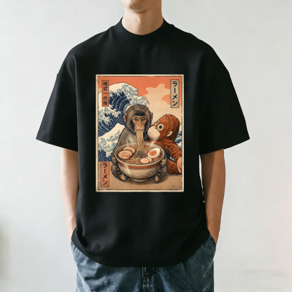 Monkey Eating Ramen Japanese Ukiyo-e Vintage Washed T-Shirt