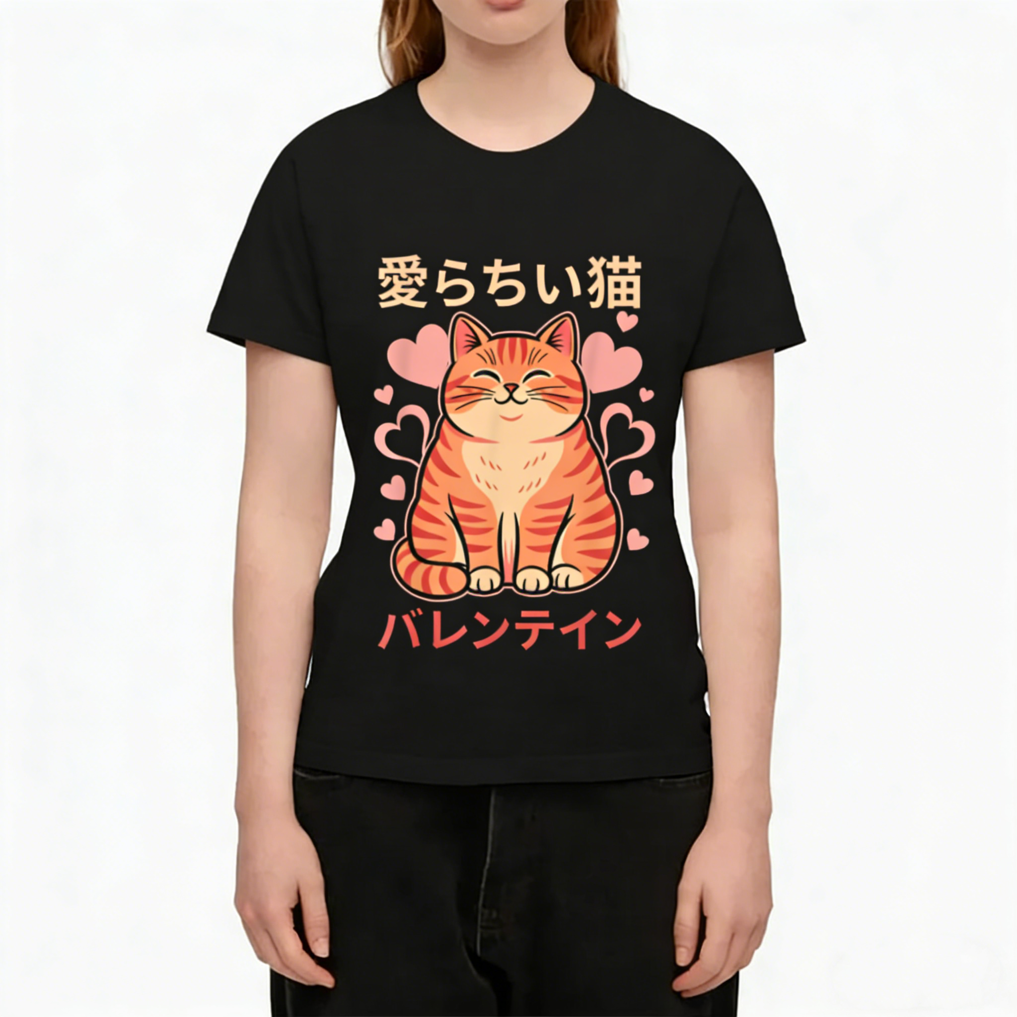 Love Orange Cat Japanese Cute Style Crew Neck T-Shirt