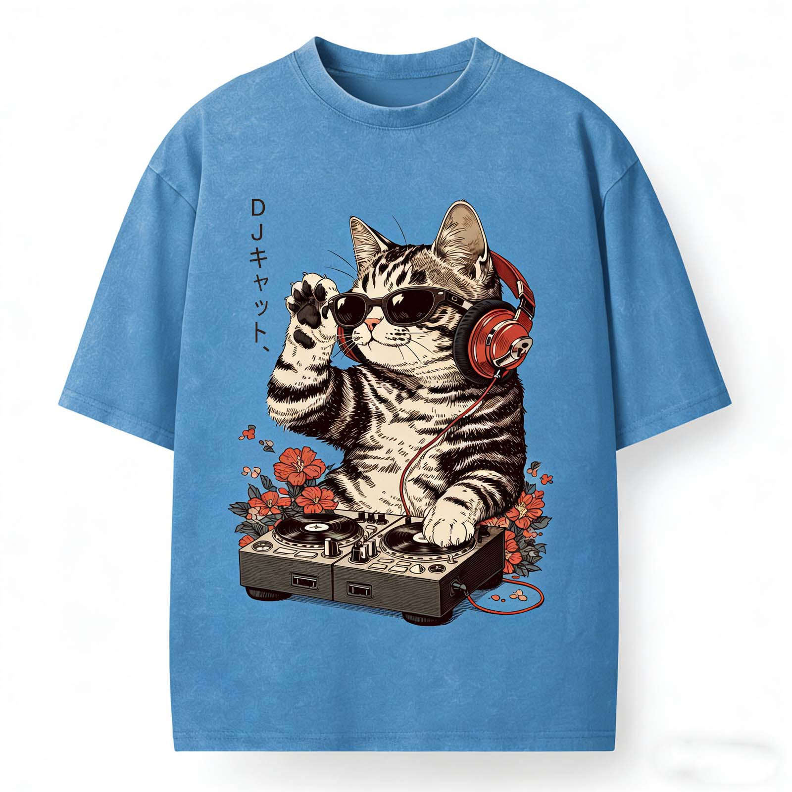 DJ Cat Mixing Japanese Vintage Washed Crew Neck T-Shirt