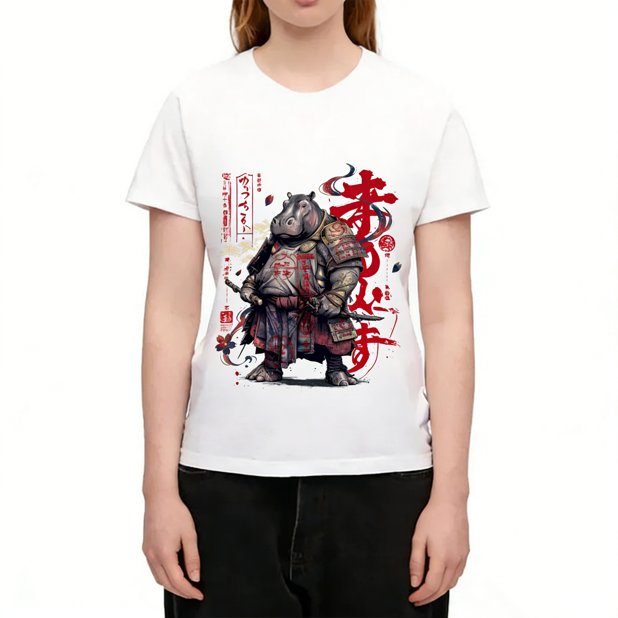 Samurai Hippo Japanese Ukiyo-e Crew Neck T-Shirt