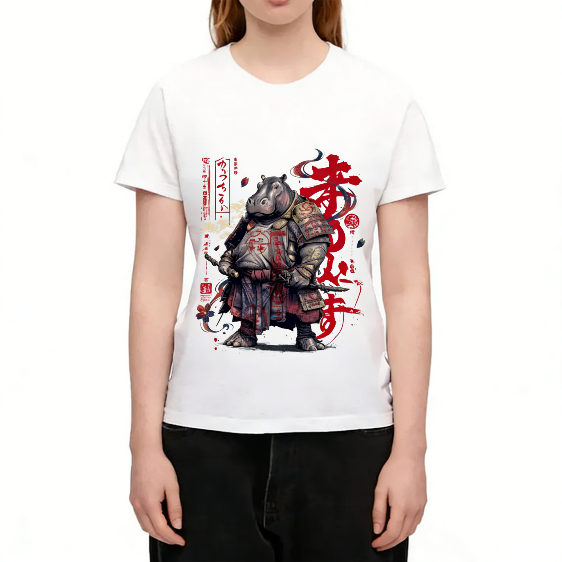 Samurai Hippo Japanese Ukiyo-e Crew Neck T-Shirt