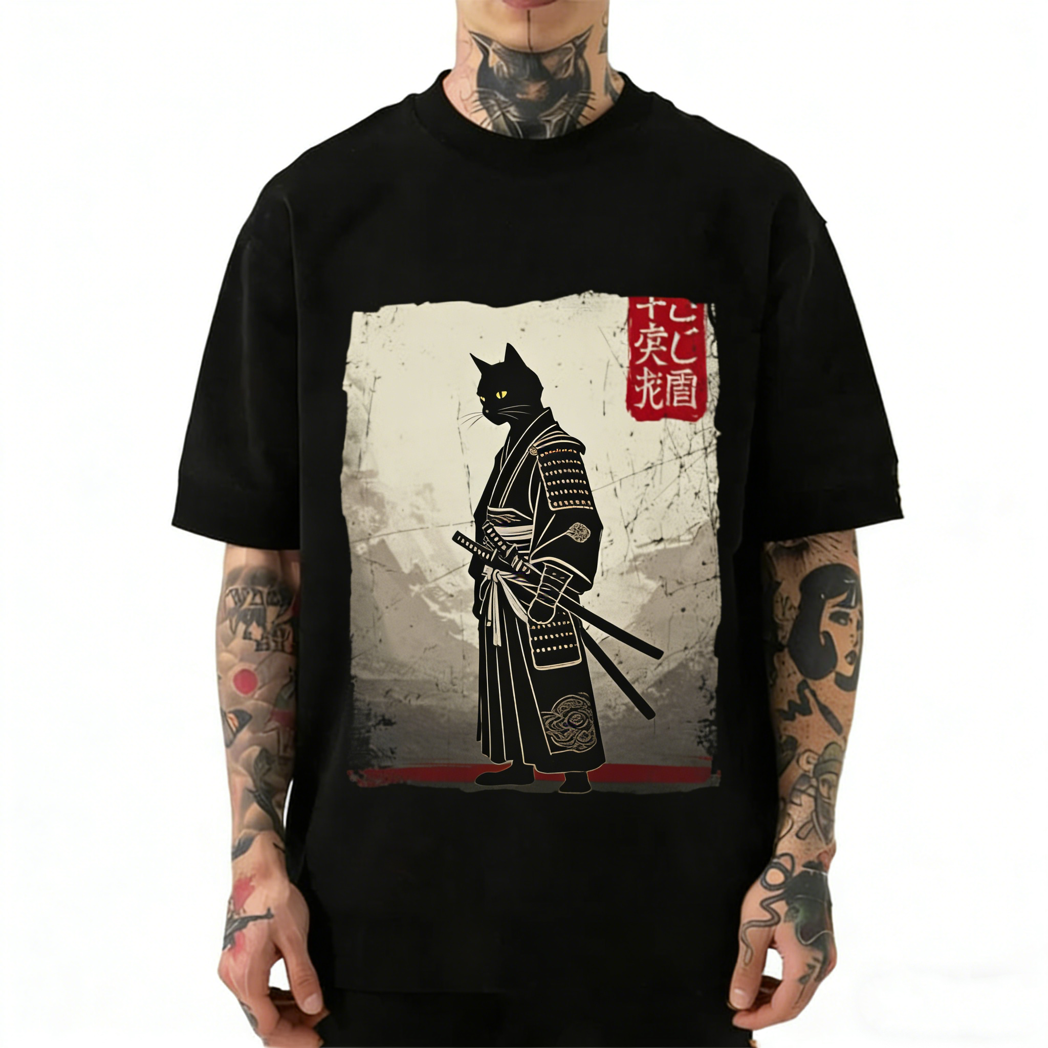 Samurai Black Cat Japanese Vintage Washed Crew Neck T-Shirt