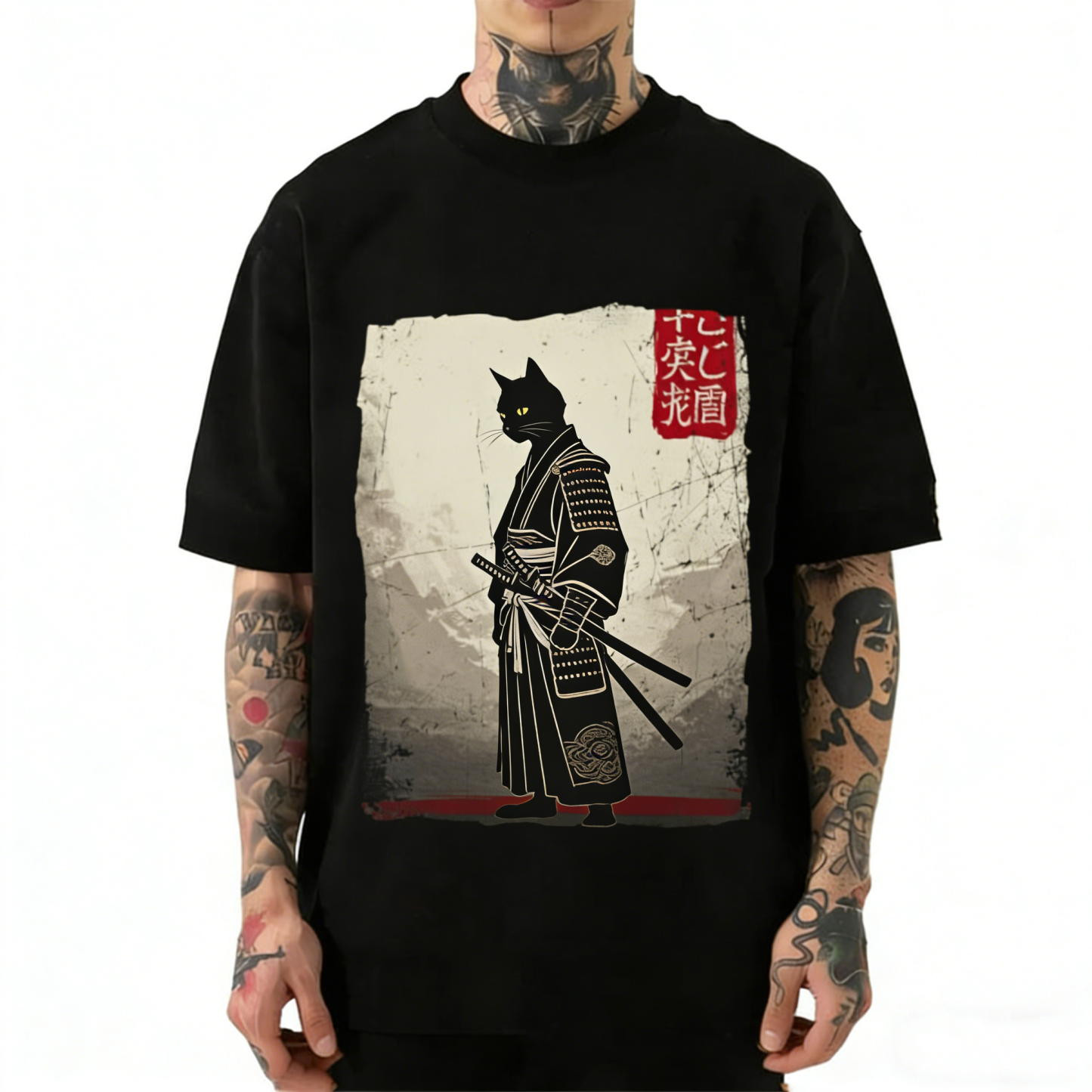 Samurai Black Cat Japanese Vintage Washed Crew Neck T-Shirt