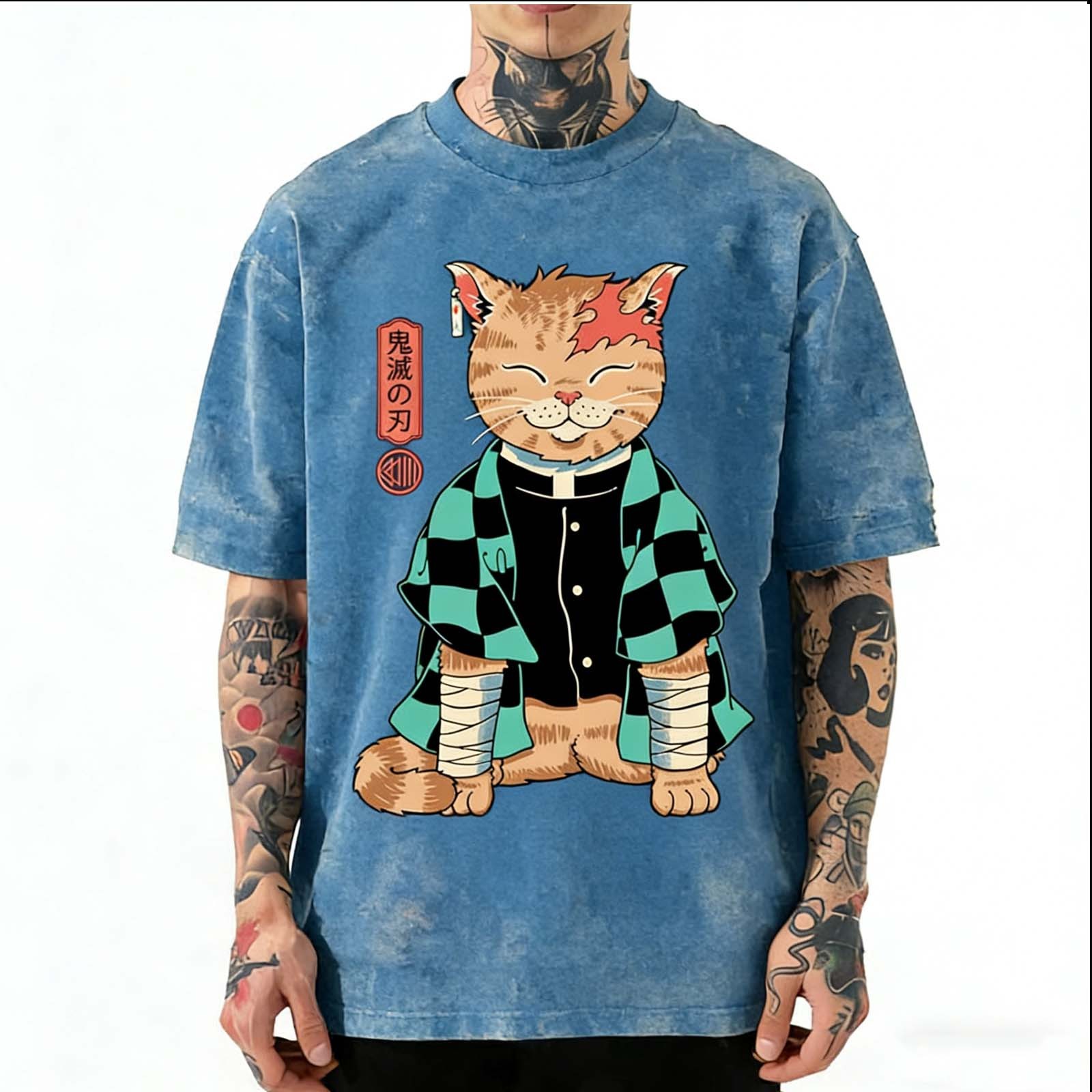 Demon Slayer Tanjiro Cat · Japanese Anime Vintage Washed T-Shirt