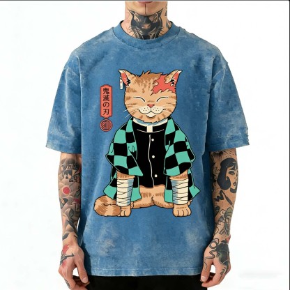 Demon Slayer Tanjiro Cat · Japanese Anime Vintage Washed T-Shirt