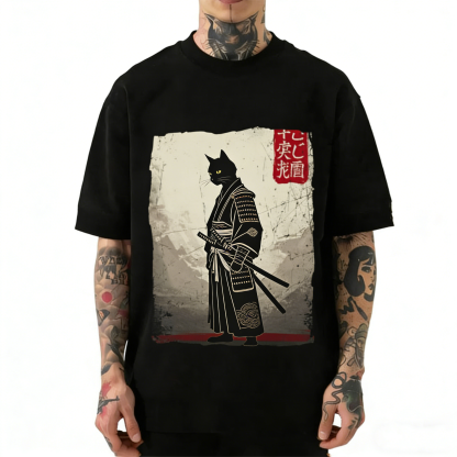 Samurai Black Cat Japanese Vintage Washed Crew Neck T-Shirt