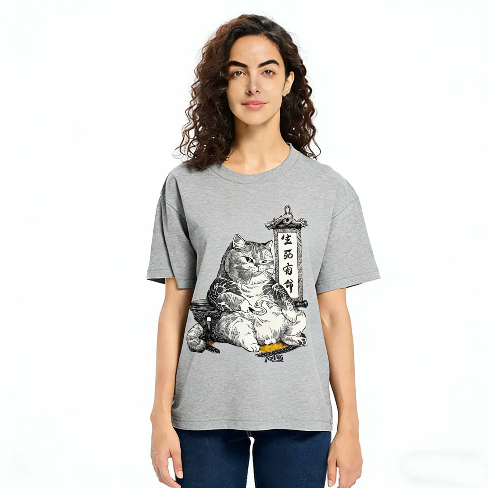 Tattoo Fat Cat Life and Death Fate Japanese Ukiyo-e Crew Neck T-Shirt