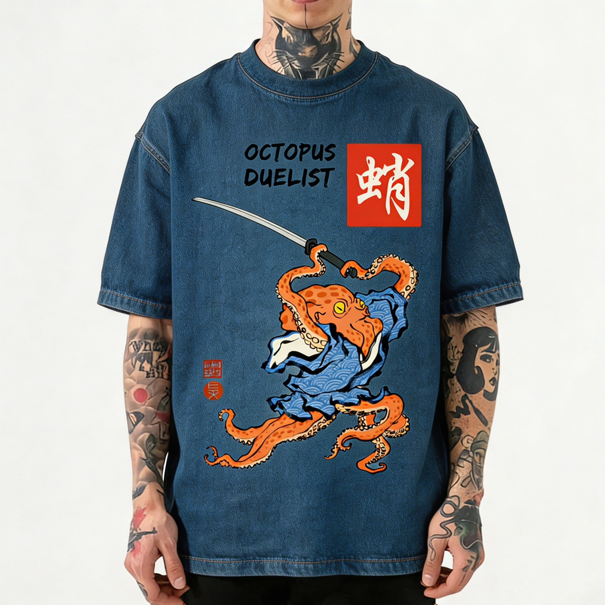 Blue Dragon Sushi Japanese Ukiyo-e Washed Loose T-Shirt