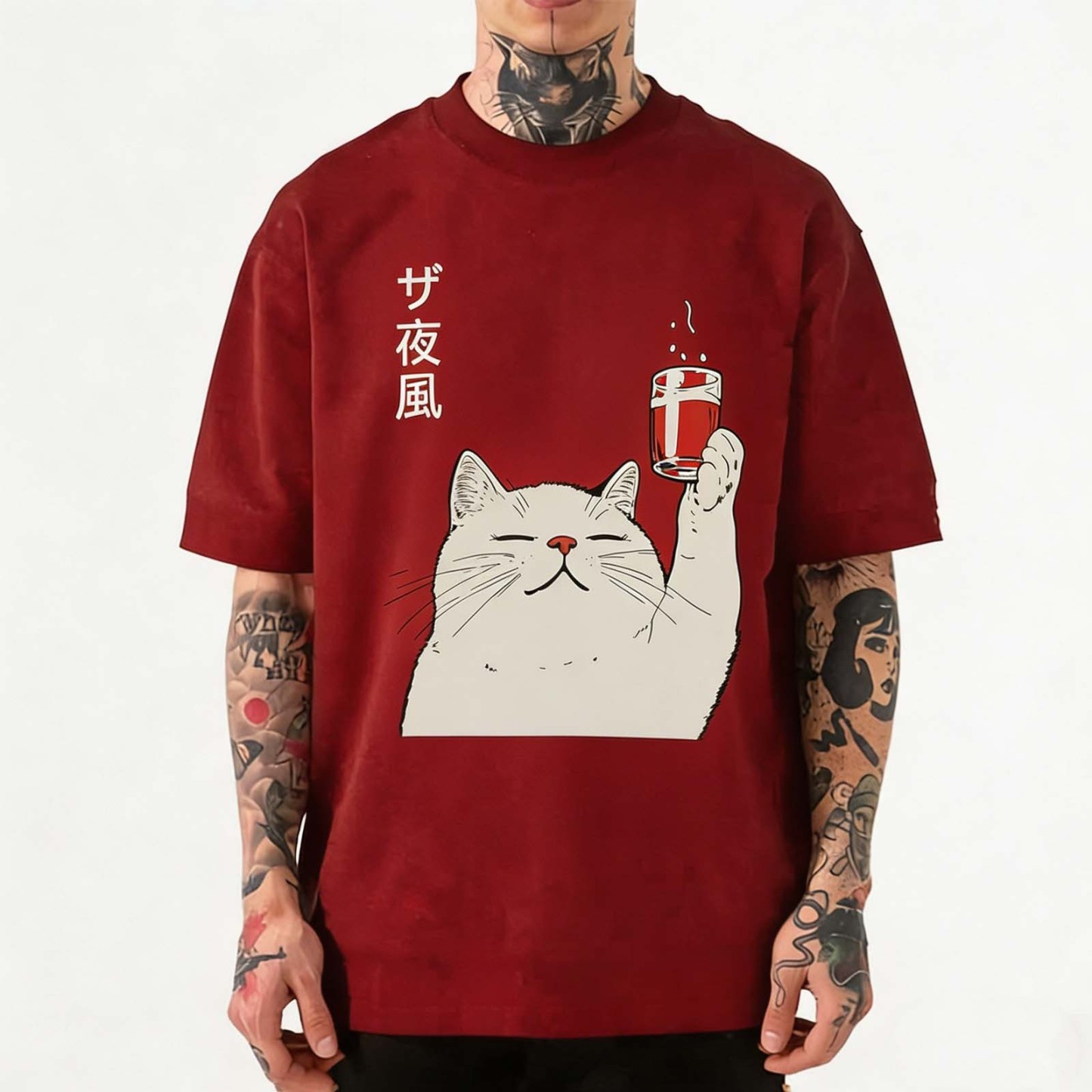 Japanese Night Wind Cheers Cat Vintage Washed Crew Neck Short Sleeve T-Shirt