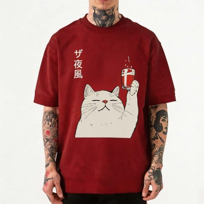 Japanese Night Wind Cheers Cat Vintage Washed Crew Neck Short Sleeve T-Shirt